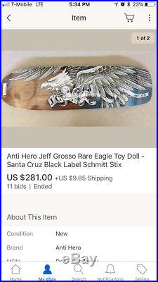 Anti Hero Jeff Grosso Rare Eagle Toy Doll USED Santa Cruz Black Label